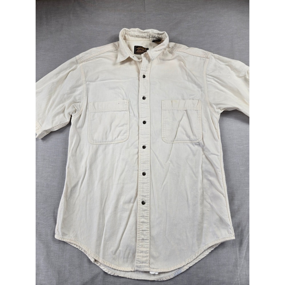 Eddie Bauer Mens Short Sleeve Button Down Shirt Cream Cotton Workwear Medium